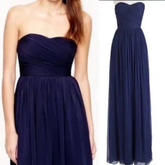 J. Crew | Dresses | J Crew Arabelle Silk Chiffon Gown Strapless Pleated  Sweetheart Neck Dark Blue 4 | Poshmark